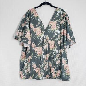 Bloom Chic Top Womens 16 Teal Green Floral Flutter Sleeve Wrap V-Neck Casual